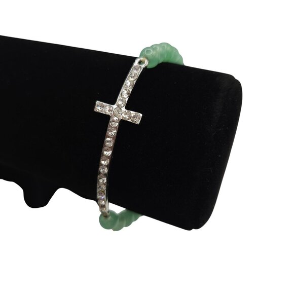 Aventurine Glass Green Beaded Silver Tone Cross Bracelet Rhinestone Sparkle - Picture 3 of 11